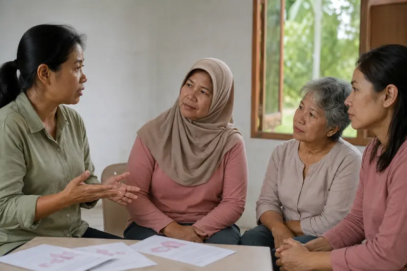 Illustration of women taking part in a breast awareness conversation