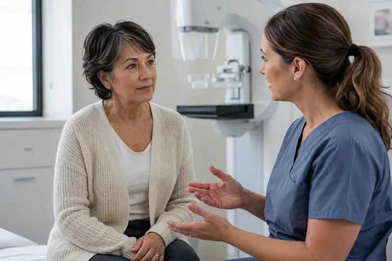 Illustration of a woman talking with a radiographer in a breast screening room